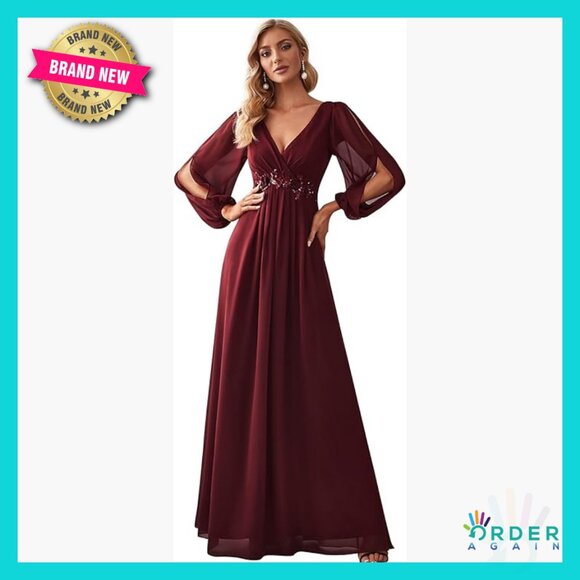 Elegant Formal Evening Dress Long Sleeve V Neck Floor Length Chiffon A Line